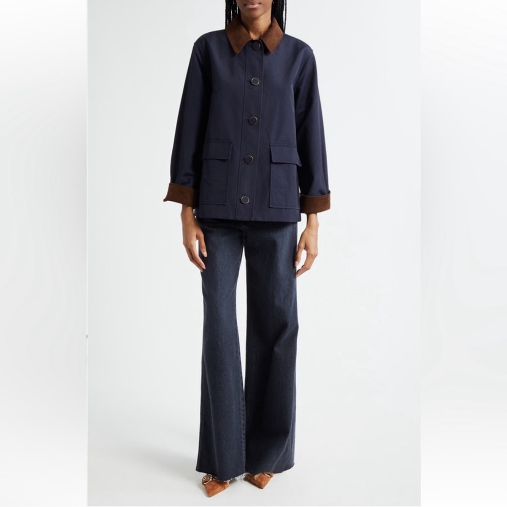 NWT Veronica Beard Arlen Corduroy Trim Barn Coat Navy Brown - Picture 2 of 12